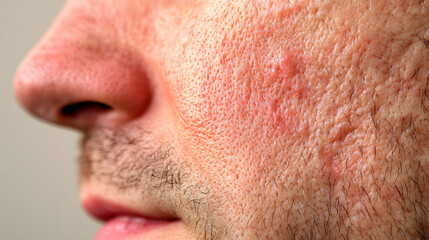 Fototapeta premium Close up face of young man suffering from problem skin. Acne, rosacea, dry skin. Dermatology concept