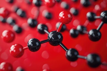 Molecular structure floating on red background with shallow depth of field