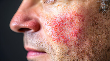 Fototapeta premium Close up face of young man suffering from problem skin. Acne, rosacea, dry skin. Dermatology concept