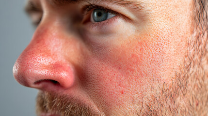Close up face of young man suffering from problem skin. Acne, rosacea, dry skin. Dermatology concept