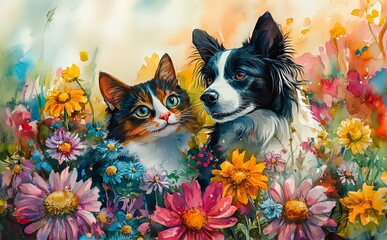 Artistic portrait of cat and dog together in vibrant colors representing friendship and loyalty new beautiful stock image illustration AI