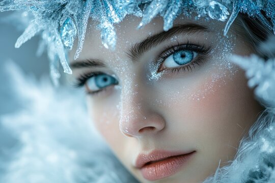Beautiful woman wearing icy crown posing for beauty portrait