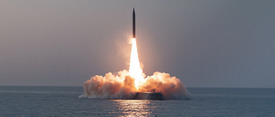 ICBM ballistic missile launched from a submarine at sea. Generative AI
