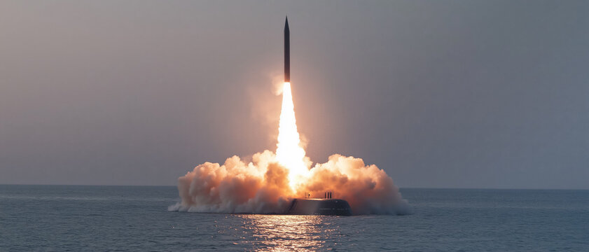 ICBM ballistic missile launched from a submarine at sea. Generative AI