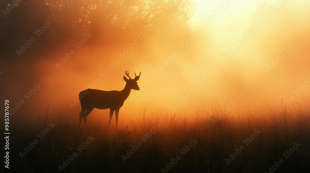 Poster Silhouette of a Deer Standing in a Foggy Field at Sunset