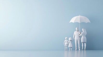 Family health insurance, parents and children protected, 3D illustration, copy space for text,