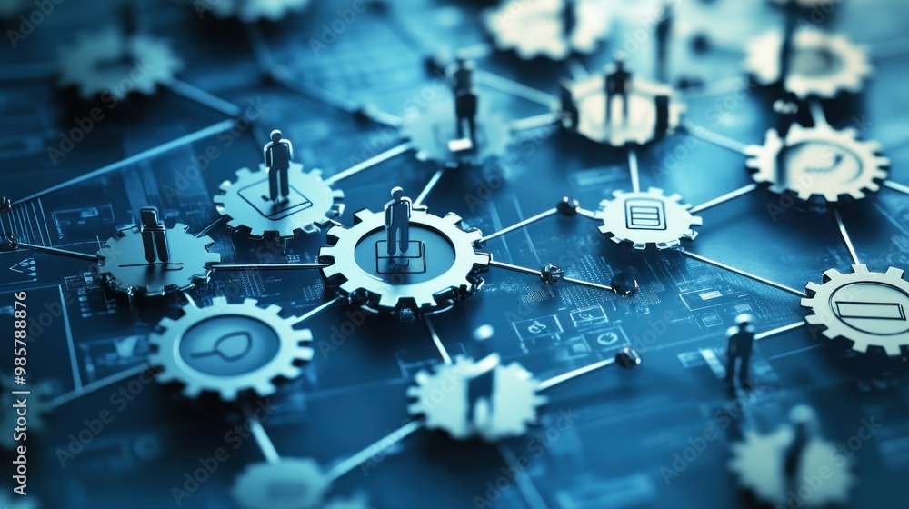 Poster interconnected cogs and figures representing network collaboration