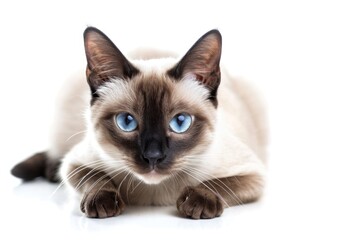 Beautiful siamese cat lying down on white background
