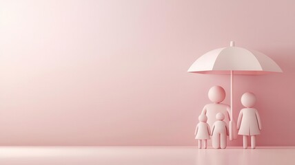 Life insurance, with a policy and family, 3D illustration, copy space for text,