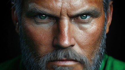 Obraz premium A man with a beard and a green shirt. He has a serious look on his face