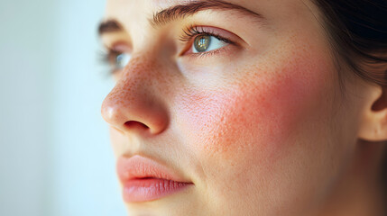 Naklejka premium Close up face of young woman suffering from problem skin. Acne, rosacea, dry skin. Dermatology concept