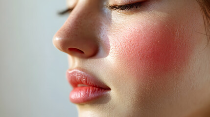 Naklejka premium Close up face of young woman suffering from problem skin. Acne, rosacea, dry skin. Dermatology concept