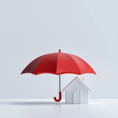 Umbrella protecting a house, symbolizing home insurance, 3D illustration, copy space for text,