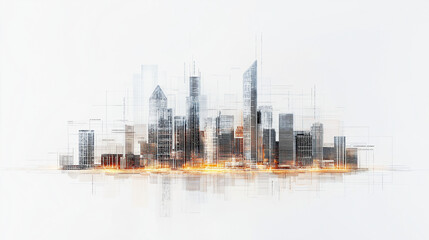 Architectural Blueprint Overlaying a city skyline