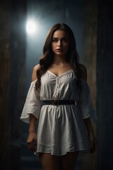 Fototapeta premium Woman standing in a doorway at night with moonlight.
