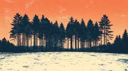 Obraz premium Retro illustration of tall trees in a forest behind a field with snow