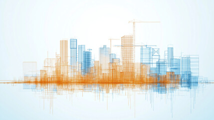 Architectural Blueprint Overlaying a city skyline
