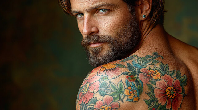 A man with a beard and tattoos on his arm. The tattoos are colorful and flowery. He is looking at the camera with a smile on his face