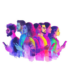 Illustration of a Group of Multiethnic People With Iridescent Hues Social Media. Isolated on a Transparent Background. Cutout PNG.
