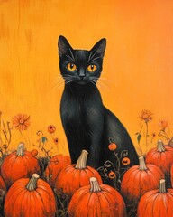 black cat among orange pumpkins on orange backdrop