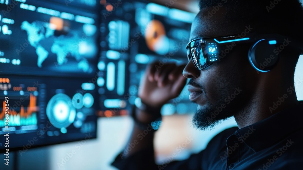 Poster man wearing futuristic glasses looking at computer screen with blue data display