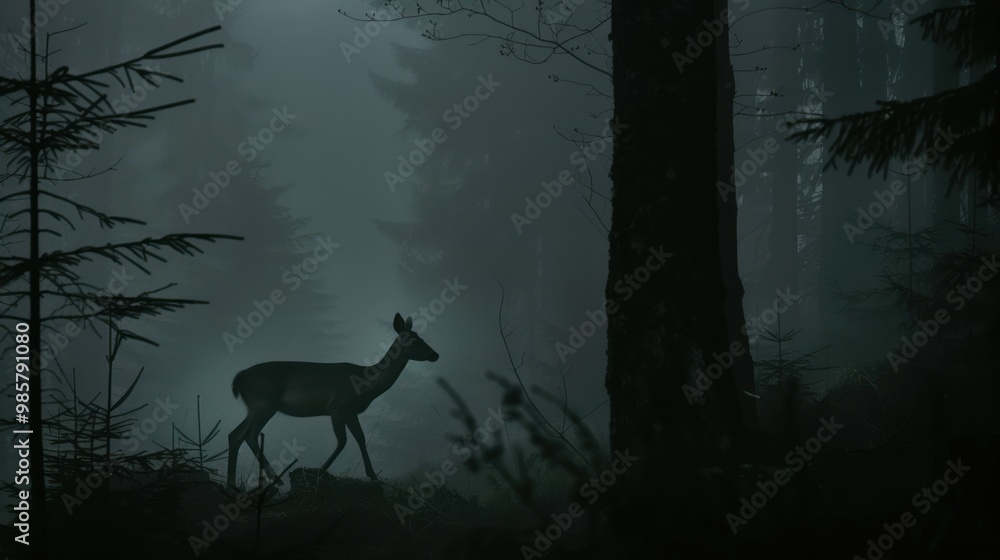 Poster Fawn in the Misty Forest