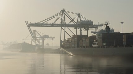 Fototapeta premium Large cargo ship docked at empty port with stacked containers and idle cranes, symbolizing port strike and industrial tension.