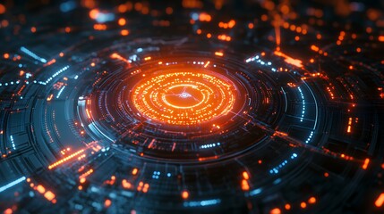 Obraz premium A futuristic digital vortex with glowing circular patterns radiating vibrant orange and blue lights.