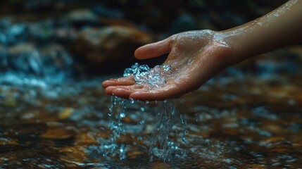 Water flowing through hand in a river