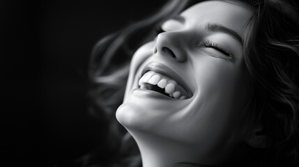 A black and white portrait of the face of an attractive woman laughing with joy