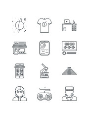 Progress, Shop, Sun, Sushi, Table, T-shirt, Uranium, Vermouth, set of icons for web design, vector illustration