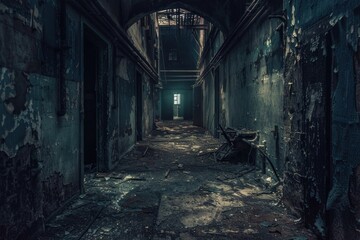 Dramatic view of an eerie, dilapidated prison corridor with peeling walls and debris