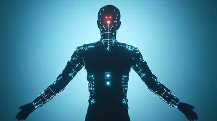 A futuristic humanoid figure with glowing circuits, standing with arms outstretched against a soft blue background, representing technology and innovation.