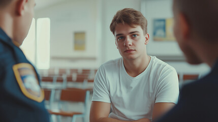 young man dressed with white t-shirt and jeans talks to police officer in a waiting room of the hospital