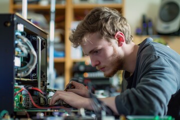 Focused young individual assembles pc components in a well-lit workshop environment