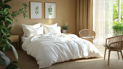 a photostock image of a luxury linen duvet cover in augmented reality, showcasing fabric quality, thread count, and color choices in a tranquil bedroom