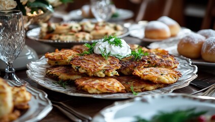 traditional hanukkah foods served with elegance and beautifully set on table