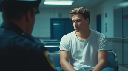 young man dressed with white t-shirt and jeans talks to police officer in a waiting room of the hospital