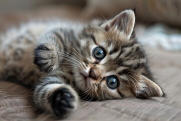 Adorable tabby kitten looks playful while gazing sweetly on a cozy textured blanket