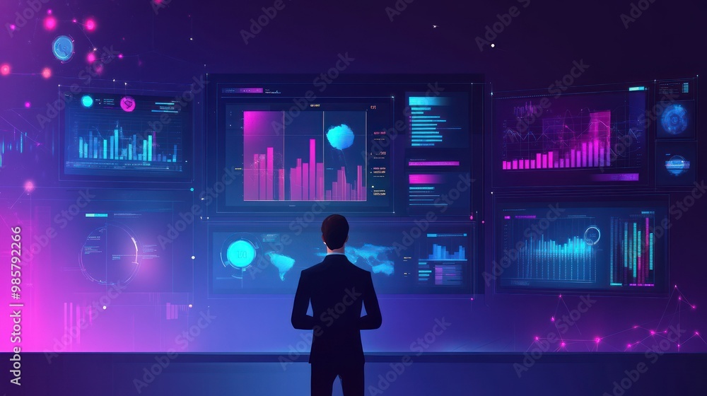 Poster a man analyzing data on a wall of monitors in a futuristic setting