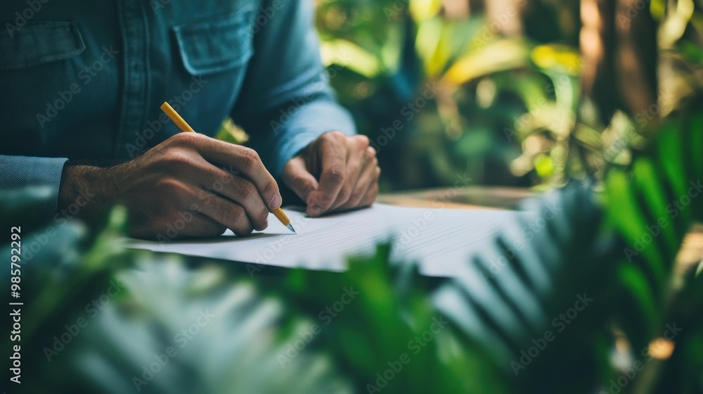 Wall mural A Person's Hand Writing on Paper with a Pencil in a Natural Setting