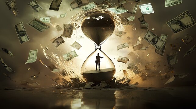 A figure stands inside a dramatic hourglass, surrounded by swirling money, symbolizing the passage of time and its connection to wealth.
