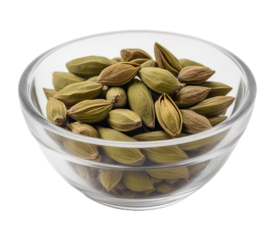 Front view of Cardamom in a small glass bowl isolated on a white transparent background. Cut out