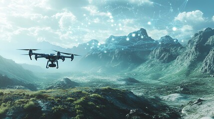 Naklejka premium A drone hovers over a lush, mountainous landscape, capturing the beauty of nature with misty peaks and vibrant greenery under a serene sky.