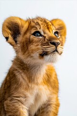 Obraz premium A small lion cub sitting on top of a white surface