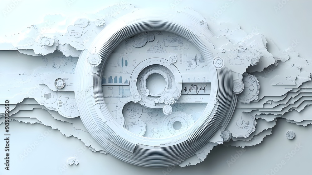 Poster detailed paper cut circular infographic with layered data visualization icons