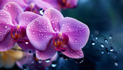 Plakat orchid flowers with dew drops; a natural, photo, macro, concept of freshness of nature's image for design and wallpaper background