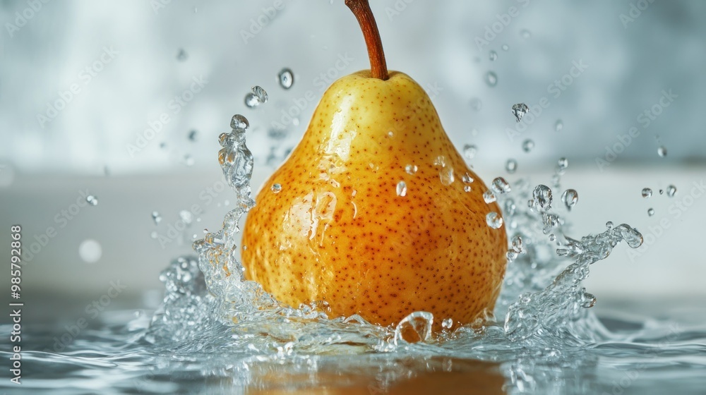 Poster a yellow pear splashing into water with bubbles and splashes