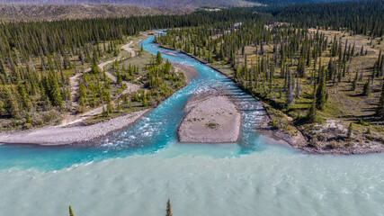 aerial landscape view of Mistaya River mouth where Mistaya River joins North Saskatchewan River,...
