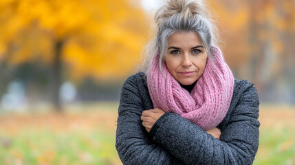 Obraz premium A woman wearing a pink scarf and a black coat is standing in a park. She looks cold and is shivering